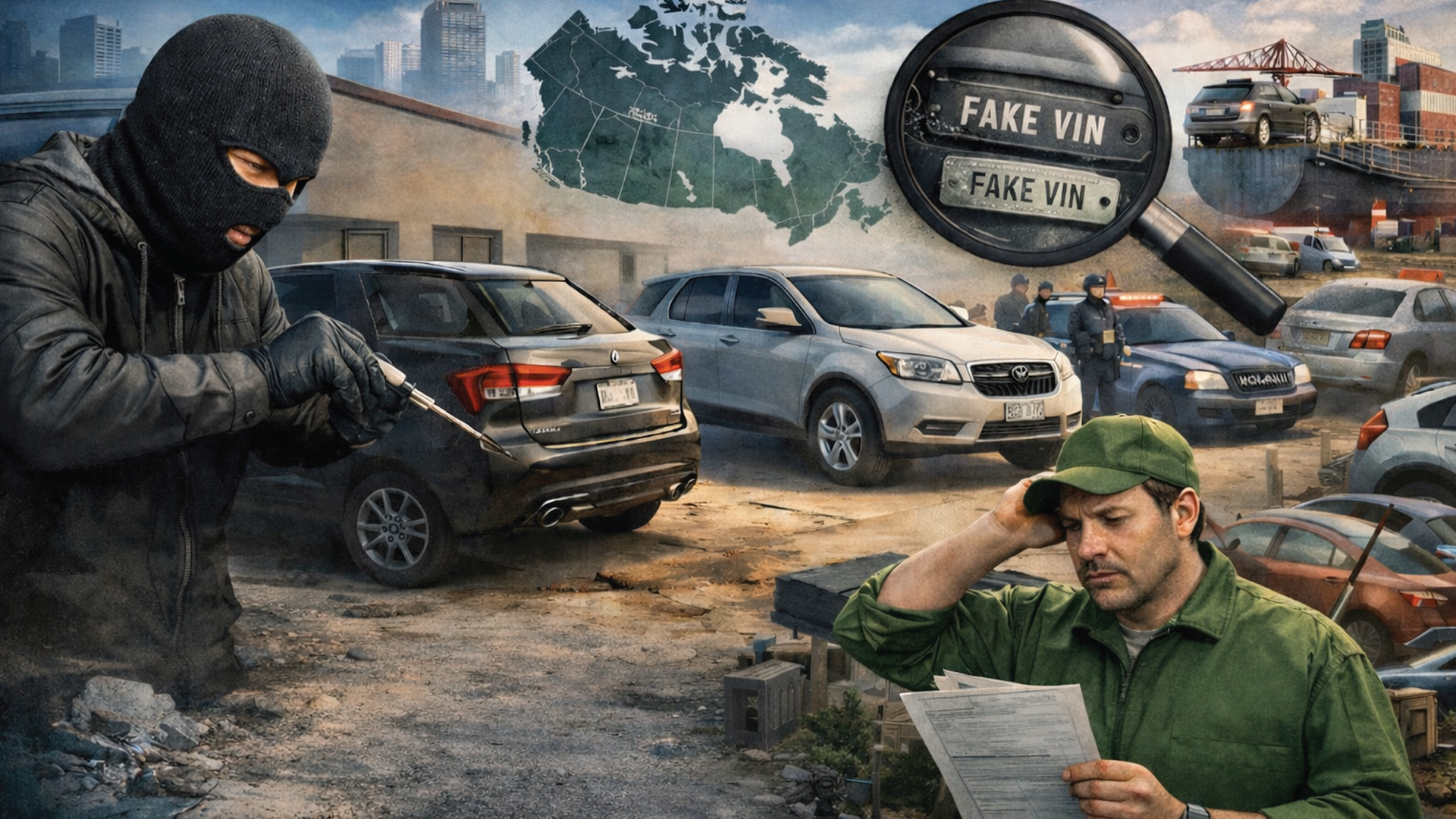 Illustration of car theft scene with masked individual and vehicles in urban setting