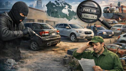 Illustration of car theft scene with masked individual and vehicles in urban setting