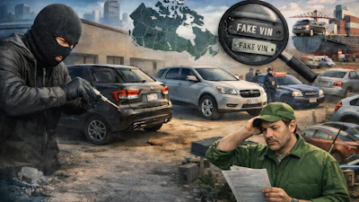 Illustration of car theft scene with masked individual and vehicles in urban setting