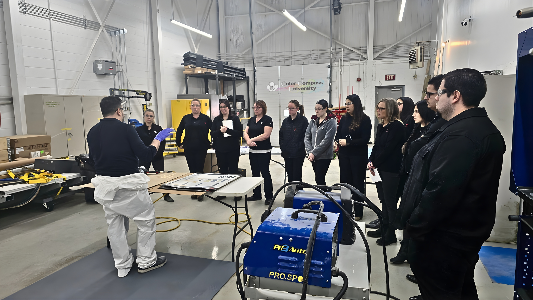Group of people in black attire gathered in warehouse for equipment demonstration or training session