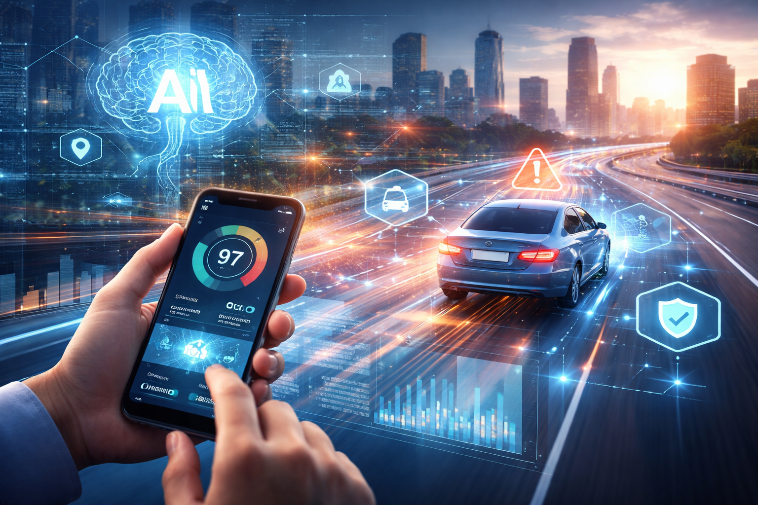 Futuristic autonomous vehicle interface showing smartphone dashboard with AI monitoring, security features, and real-time traffic analytics on highway.