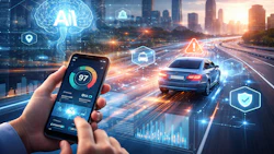 Futuristic autonomous vehicle interface showing smartphone dashboard with AI monitoring, security features, and real-time traffic analytics on highway.