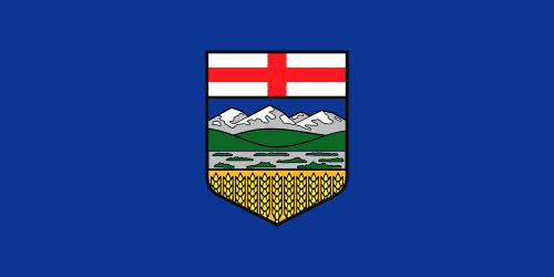 Alberta provincial coat of arms featuring red and white cross, snow-capped mountains, green foothills, and golden wheat fields on blue background