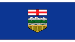 Alberta provincial coat of arms featuring red and white cross, snow-capped mountains, green foothills, and golden wheat fields on blue background