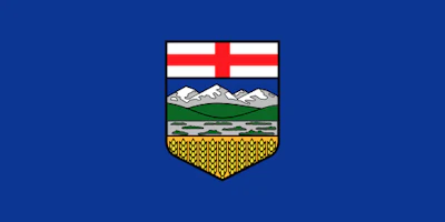 Alberta provincial coat of arms featuring red and white cross, snow-capped mountains, green foothills, and golden wheat fields on blue background