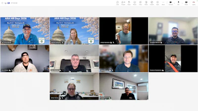 Virtual meeting grid showing ten participants in a video conference call with ARA Hill Days 2026 promotional graphics visible