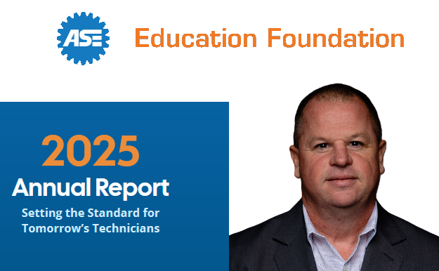 ASE Education Foundation 2025 Annual Report cover featuring gear logo and professional headshot