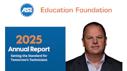 ASE Education Foundation 2025 Annual Report cover featuring gear logo and professional headshot