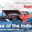 Red Mustang in collision repair shop with technician and AutoHouse Technologies branding for CollisionRepairmag.com February stats report