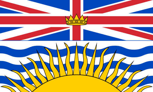 British Columbia provincial flag featuring Union Jack design with rising sun symbol in gold and blue