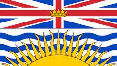 British Columbia provincial flag featuring Union Jack design with rising sun symbol in gold and blue