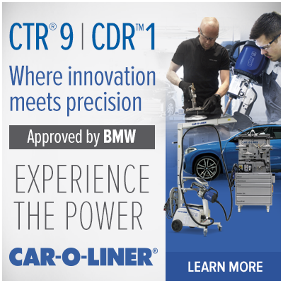CAR-O-LINER automotive diagnostic equipment advertisement featuring BMW approval and technician demonstration