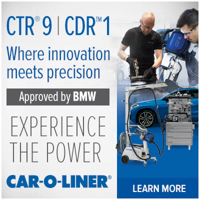 CAR-O-LINER automotive diagnostic equipment advertisement featuring BMW approval and technician demonstration