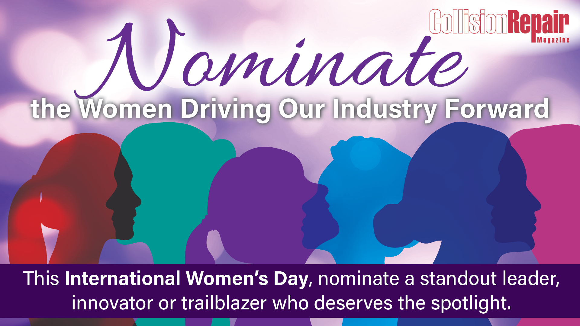 International Women's Day nomination campaign featuring colorful silhouettes of women with text inviting nominations for industry leaders and innovators.