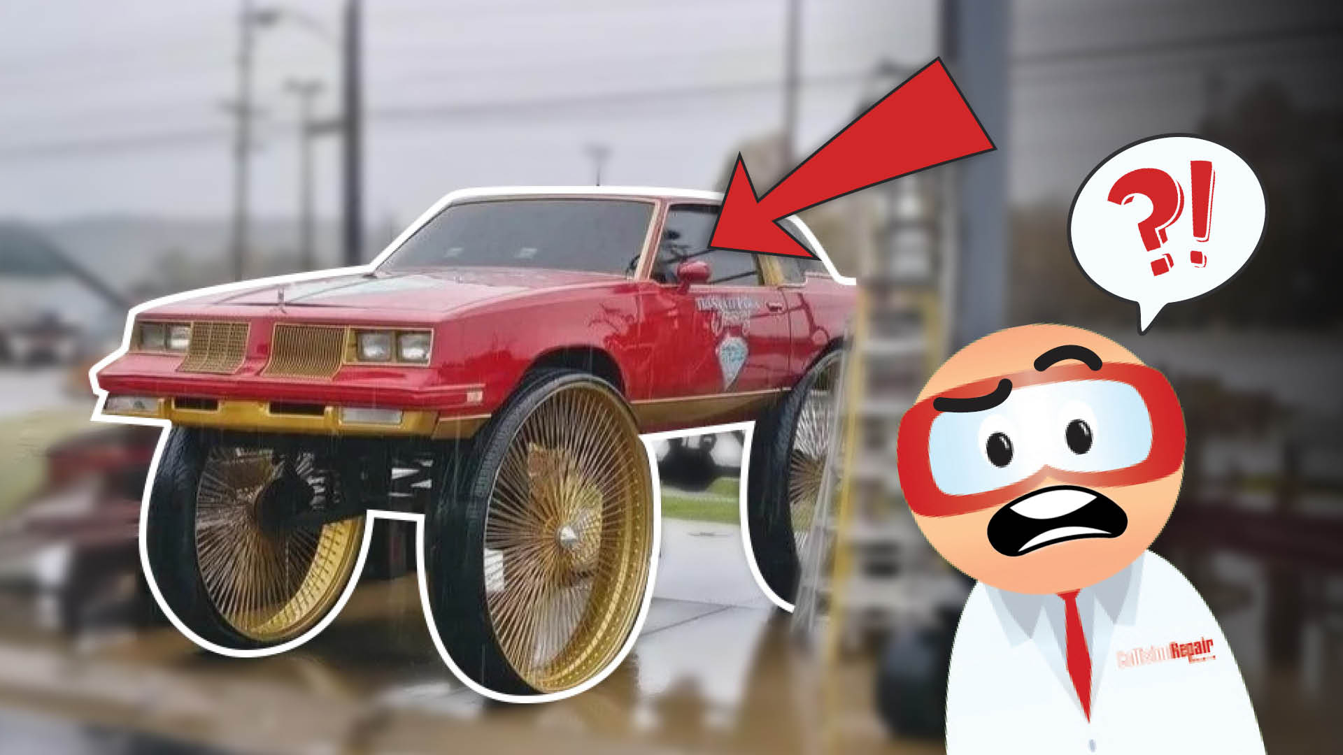 Modified red car with oversized gold wheels and cartoon mascot character expressing surprise