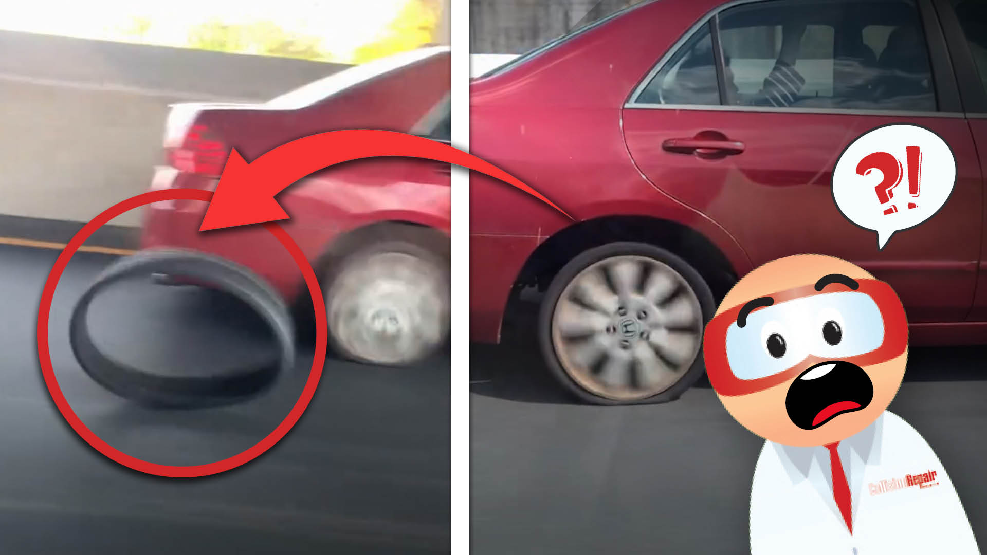 Split-screen car comparison showing fuel door detail and full vehicle view with animated character questioning the difference