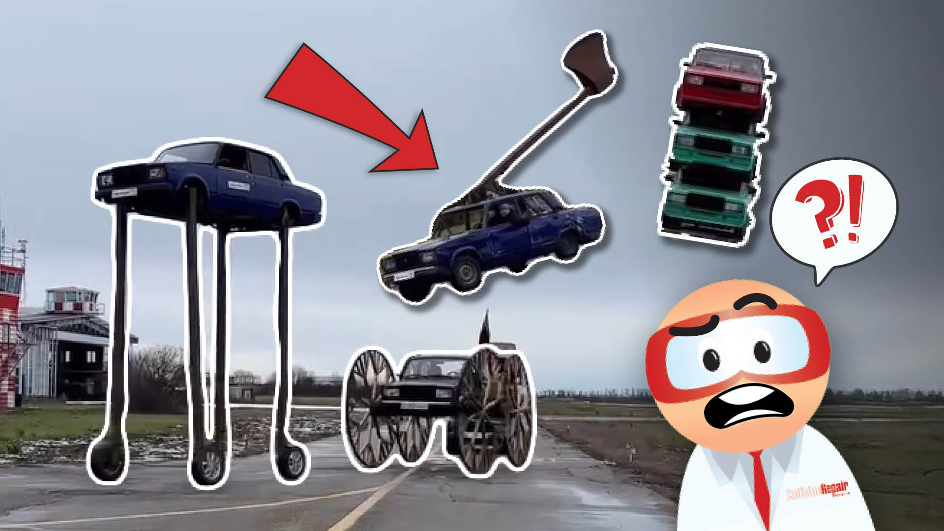 Confused mechanic character with question mark surrounded by car repair illustrations including elevated vehicle, wrench, stacked cars, and red arrow.