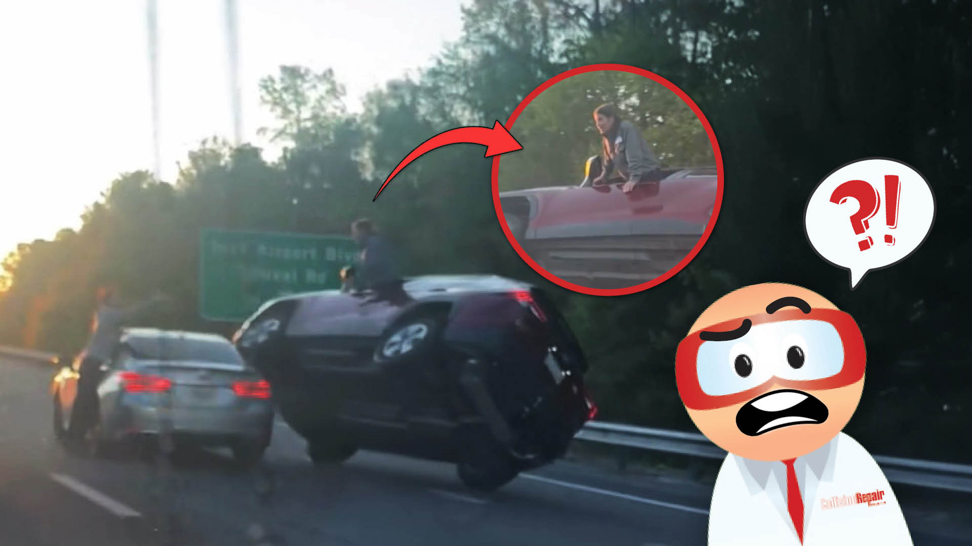 Highway scene with person on vehicle roof and concerned cartoon mascot character with annotation marks