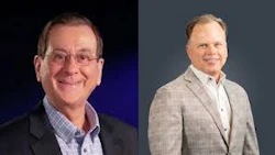 Two professional headshots of men in business attire against blue and gray backgrounds