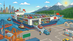 Colorful illustration of a busy international shipping port with cargo ship, vehicles, mountains, and city skyline