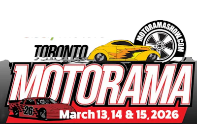 Toronto Motorama car show poster featuring yellow hot rod and red race car, March 13-15, 2026