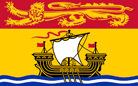 New Brunswick provincial flag featuring red lion, yellow ship, and blue wave on red and yellow background