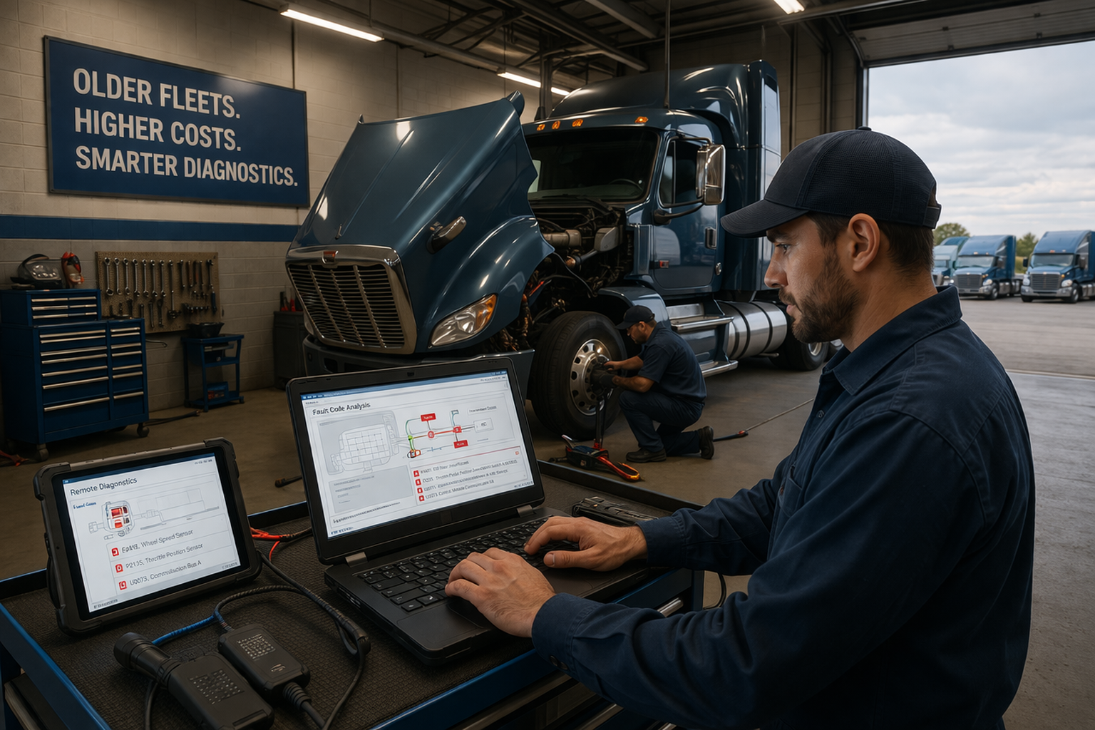 Technician using diagnostic software on laptop in truck maintenance facility with semi-truck and equipment visible