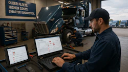 Technician using diagnostic software on laptop in truck maintenance facility with semi-truck and equipment visible