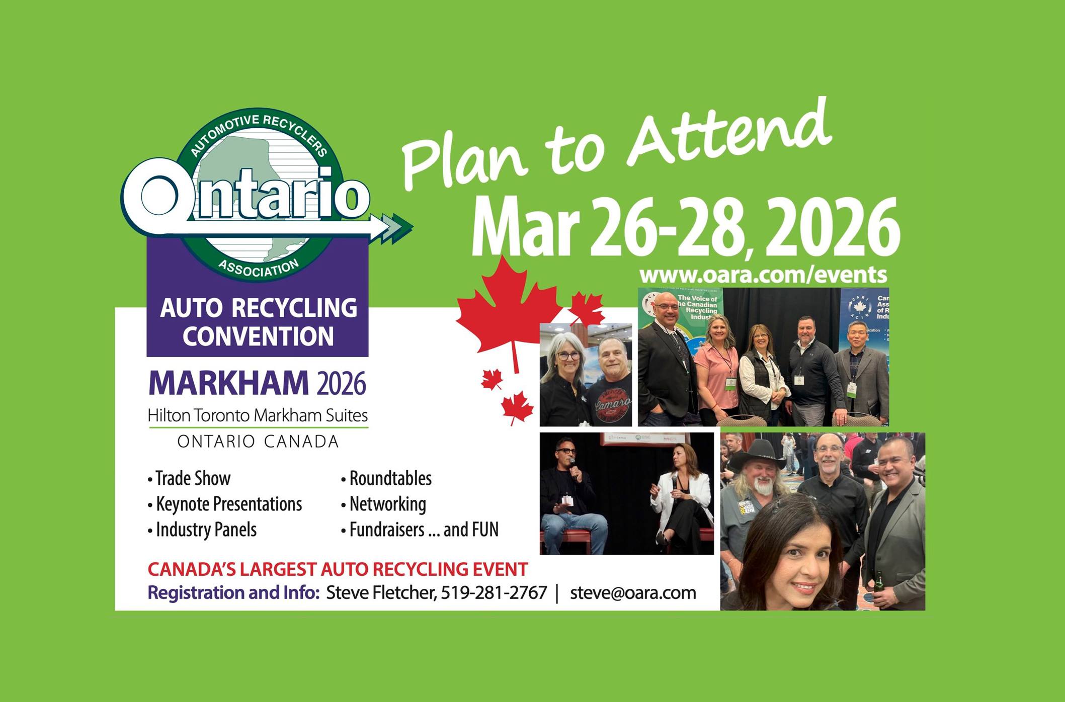 Ontario Auto Recycling Convention 2026 event promotion for March 26-28 in Markham with keynote presentations and networking opportunities