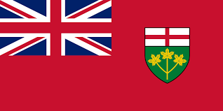 Ontario provincial flag featuring Union Jack and green shield coat of arms with cross and floral emblems