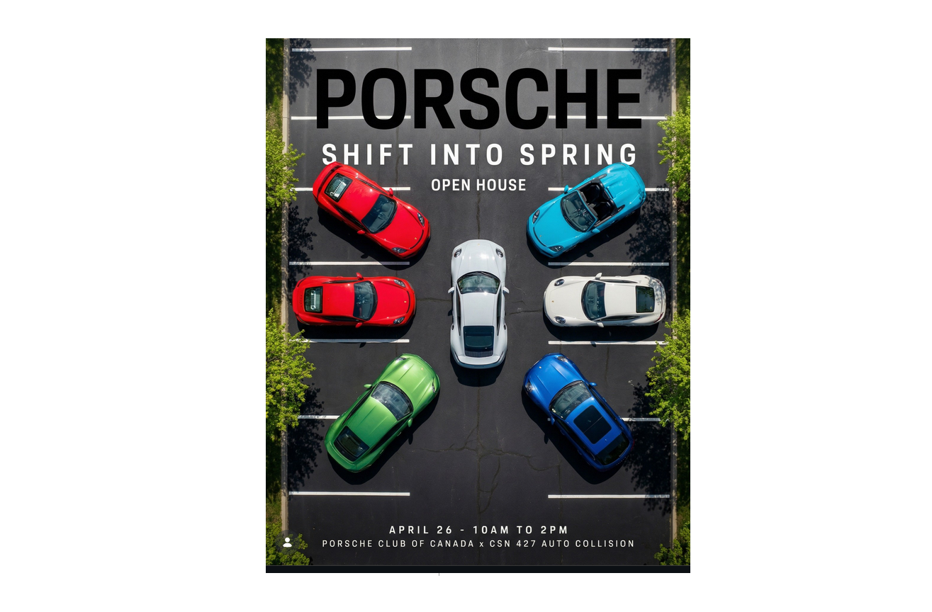 Porsche Shift Into Spring open house event poster featuring six colorful sports cars arranged in a circle on asphalt, April 26, 10am-2pm