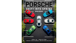 Porsche Shift Into Spring open house event poster featuring six colorful sports cars arranged in a circle on asphalt, April 26, 10am-2pm