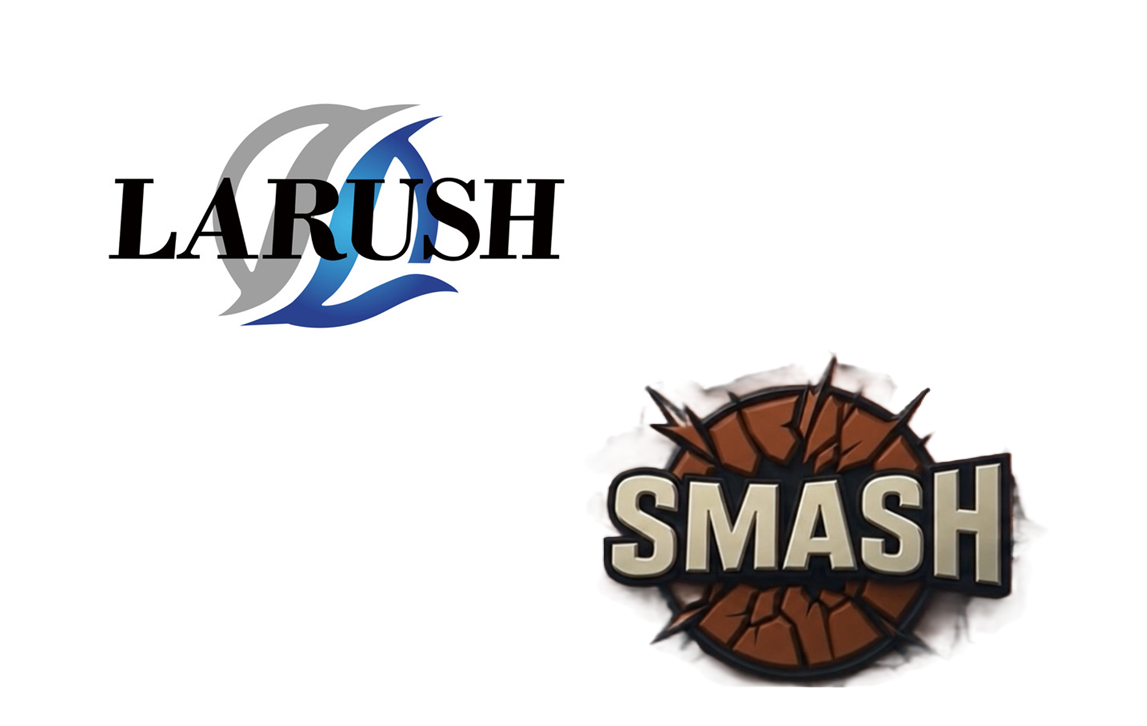 LARUSH and SMASH brand logos featuring blue swoosh design and basketball imagery respectively
