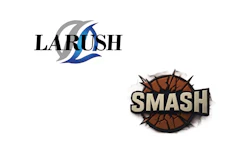 LARUSH and SMASH brand logos featuring blue swoosh design and basketball imagery respectively