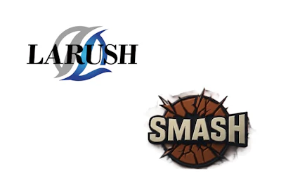 LARUSH and SMASH brand logos featuring blue swoosh design and basketball imagery respectively