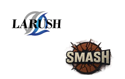 LARUSH and SMASH brand logos featuring blue swoosh design and basketball imagery respectively