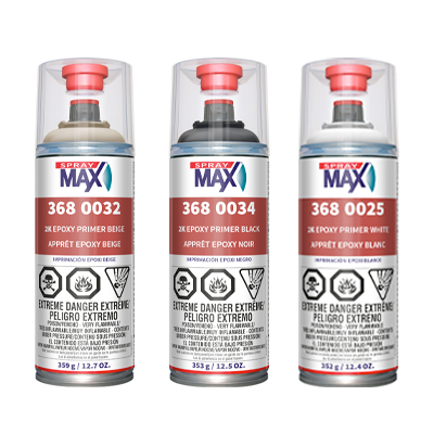 Three Spray Max epoxy primer spray cans in red, white, and black packaging with product numbers and safety warnings