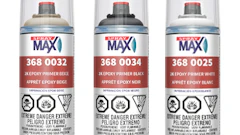 Three Spray Max epoxy primer spray cans in red, white, and black packaging with product numbers and safety warnings