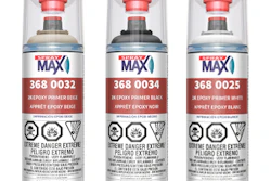 Three Spray Max epoxy primer spray cans in red, white, and black packaging with product numbers and safety warnings