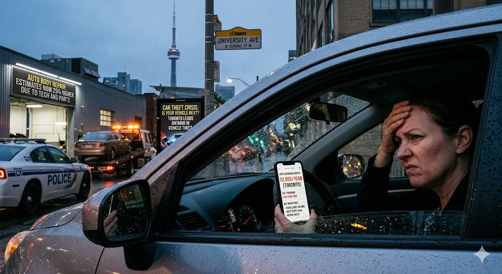 Person in parked car holding parking permit with Toronto police vehicle and urban street scene in background