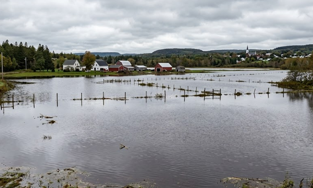 Flooded rural landscape with white houses, red barn, and forested hills under cloudy sky