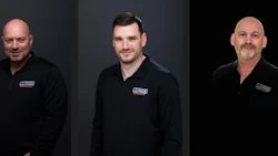 Three professional men in black polo shirts with company logos, posed against neutral backgrounds for a team portrait