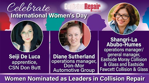International Women's Day celebration featuring three women leaders in collision repair industry with their professional titles and company affiliations