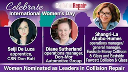 International Women's Day celebration featuring three women leaders in collision repair industry with their professional titles and company affiliations