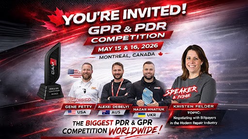 GPR & PDR Competition event invitation for May 15-16, 2026 in Montreal featuring four industry speakers and topics on regulatory challenges in modern repair.