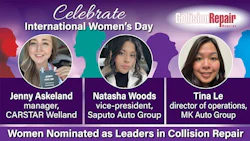 International Women's Day celebration featuring three female leaders in collision repair: Jenny Askeland from CARSTAR Welland, Natasha Woods from Saputo Auto Group, and Tina Le from MK Auto Group.