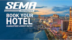SEMA Show hotel booking promotion featuring Las Vegas skyline at sunset with guaranteed lowest rates offer