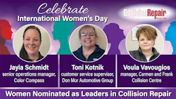 Three women collision repair industry leaders celebrated for International Women's Day: Jayla Schmidt, Toni Kotnik, and Voula Vavougios