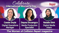 Three women celebrated for International Women's Day at Collision Repair magazine: Cassie Doyle, Dayna Dicuangco, and Natalie Dinh
