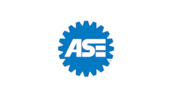ASE Automotive Service Excellence blue circular certification logo with gear-tooth border